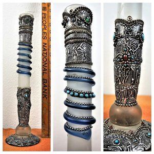 14 inch Tall Art Nouveau Cast Glass and Jeweled Silver Bud Vase